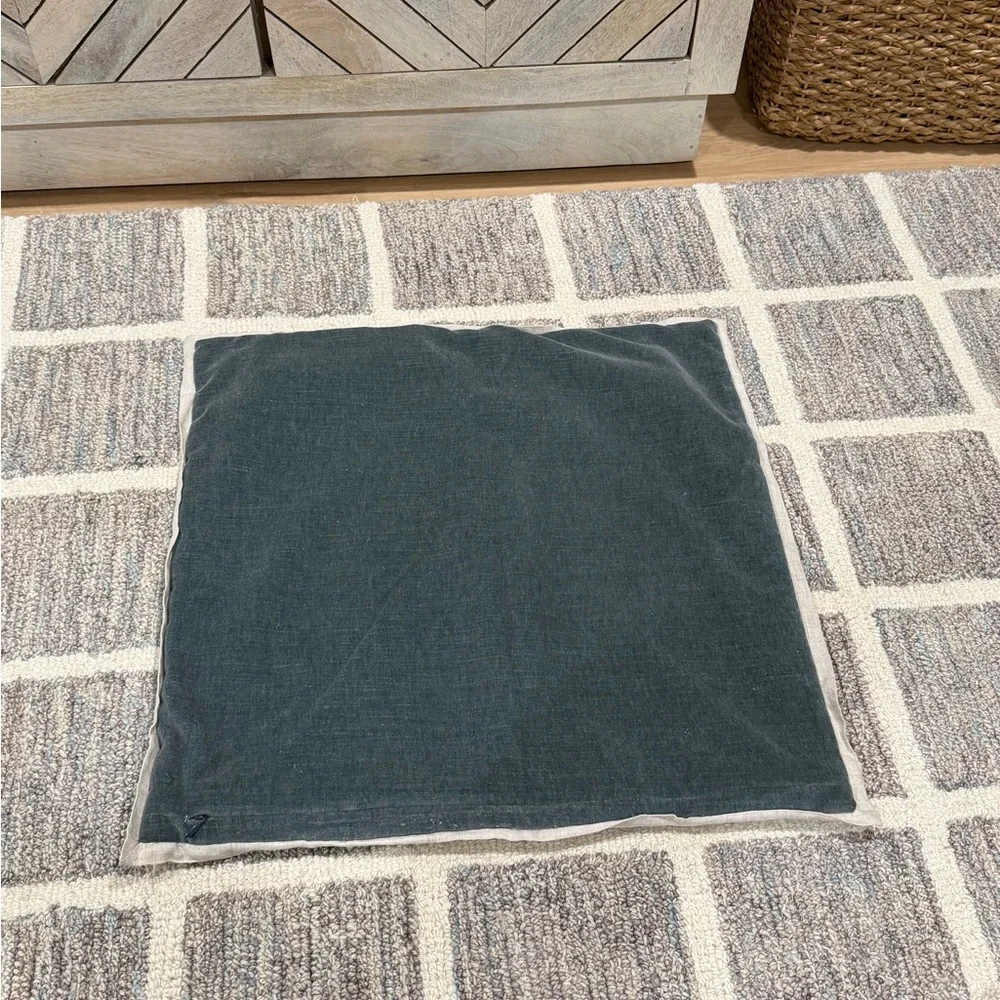 West Elm Blue Gray Velvet Square Pillow Cover with Beige Linen Piping Accent